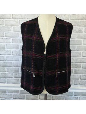 Vintage Italian Fabric Woven Tweed Vest Mens XL Zip Plaid Dark Academia Gorpcore